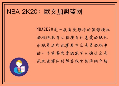 NBA 2K20：欧文加盟篮网